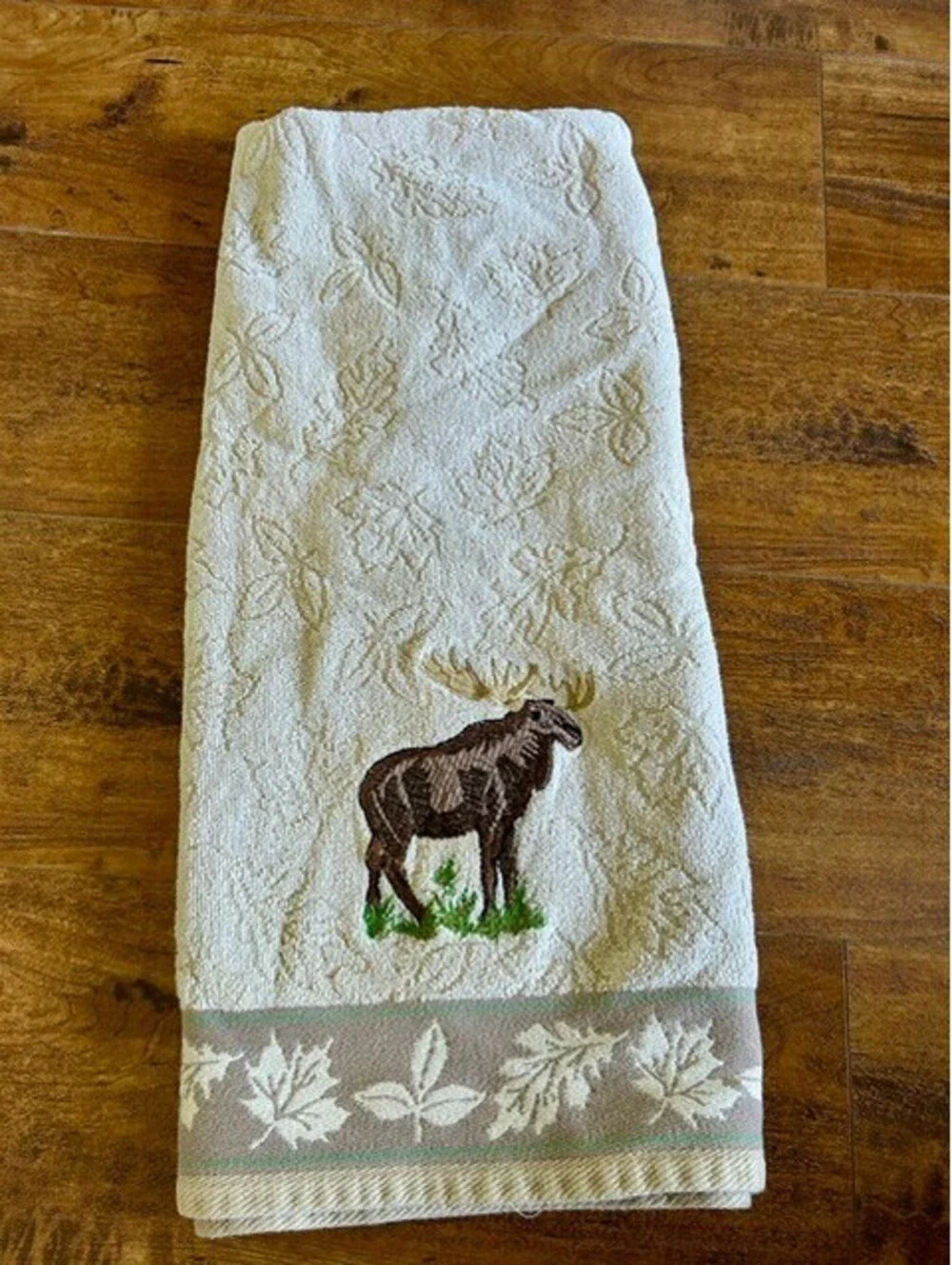 Bath Beige Cotton Hand Towel with Moose Embroidery and Leaf Border